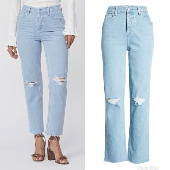Revolve Paige SARAH STRAIGHT ANKLE High Rise Straight Leg Jeans Crash Destructed - Picture 1 of 8